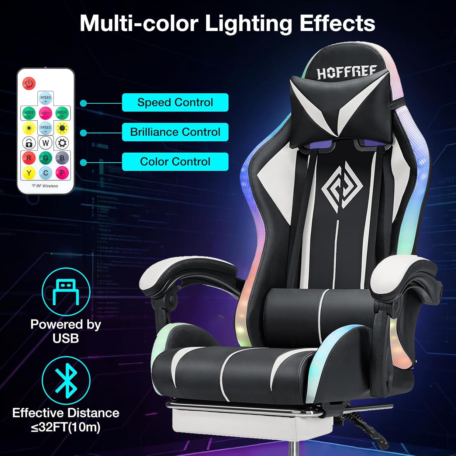 RGB Gaming Chair with LED Lights Massage Computer Chair Ergonomic High Back Video Game Chair with Footrest and Adjustable Lumbar Support Gamer Chairs with Linkage Armrest White and Black