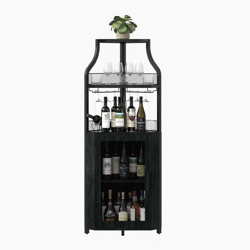 IDEALHOUSE Corner Bar Wine Cabinet with Glass Holder Wine Bar Rack Cabinet with Mesh Door & Glass Holder,Industrial Liquor Cabinet for Home, Kitchen, Dinning Room,Black