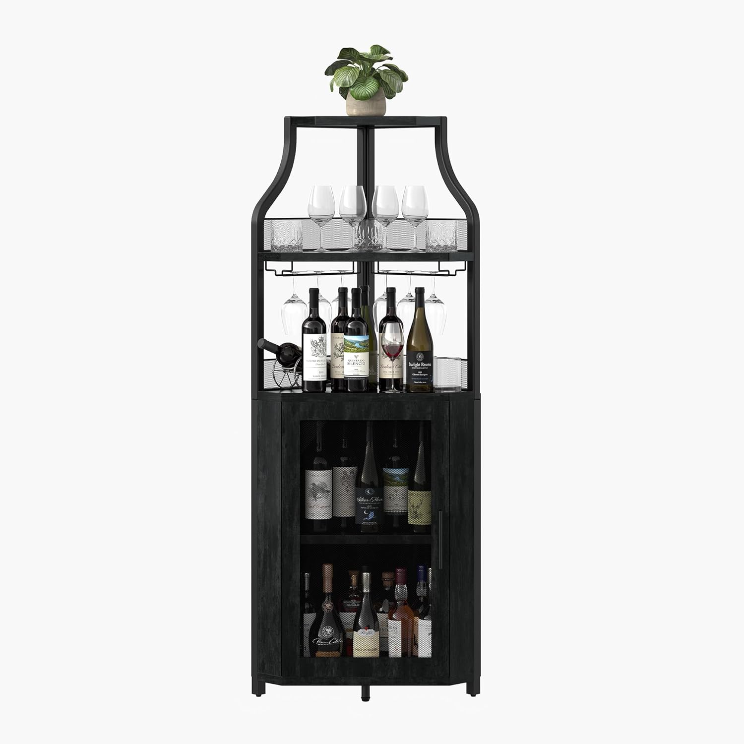 IDEALHOUSE Corner Bar Wine Cabinet with Glass Holder Wine Bar Rack Cabinet with Mesh Door & Glass Holder,Industrial Liquor Cabinet for Home, Kitchen, Dinning Room,Black