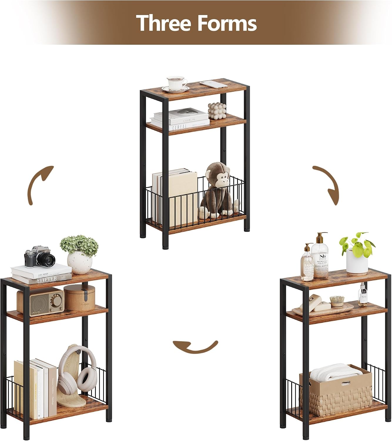 TRIFEBLE Narrow Side Table with Storage Basket, Small End Table for Small Spaces, Slim Sofa Table for Living Room, 3 Tier Bedside Table for Bedroom, Rustic Brown