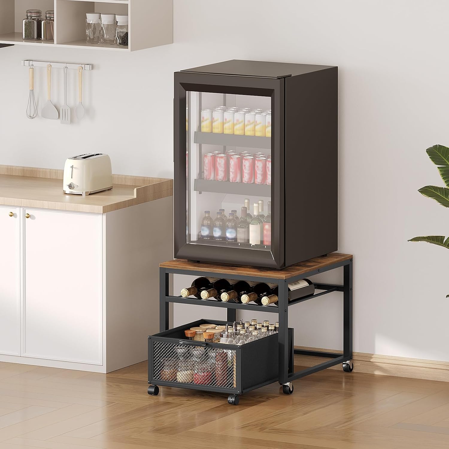 MAHANCRIS Mini Fridge Stand with Storage, Mini Fridge Cabinet with Movable Basket Cart, Mini Fridge Shelf with Wine Rack, Mobile Printer Stand, Mini Fridge Table, Rustic Brown and Black RSHR5101