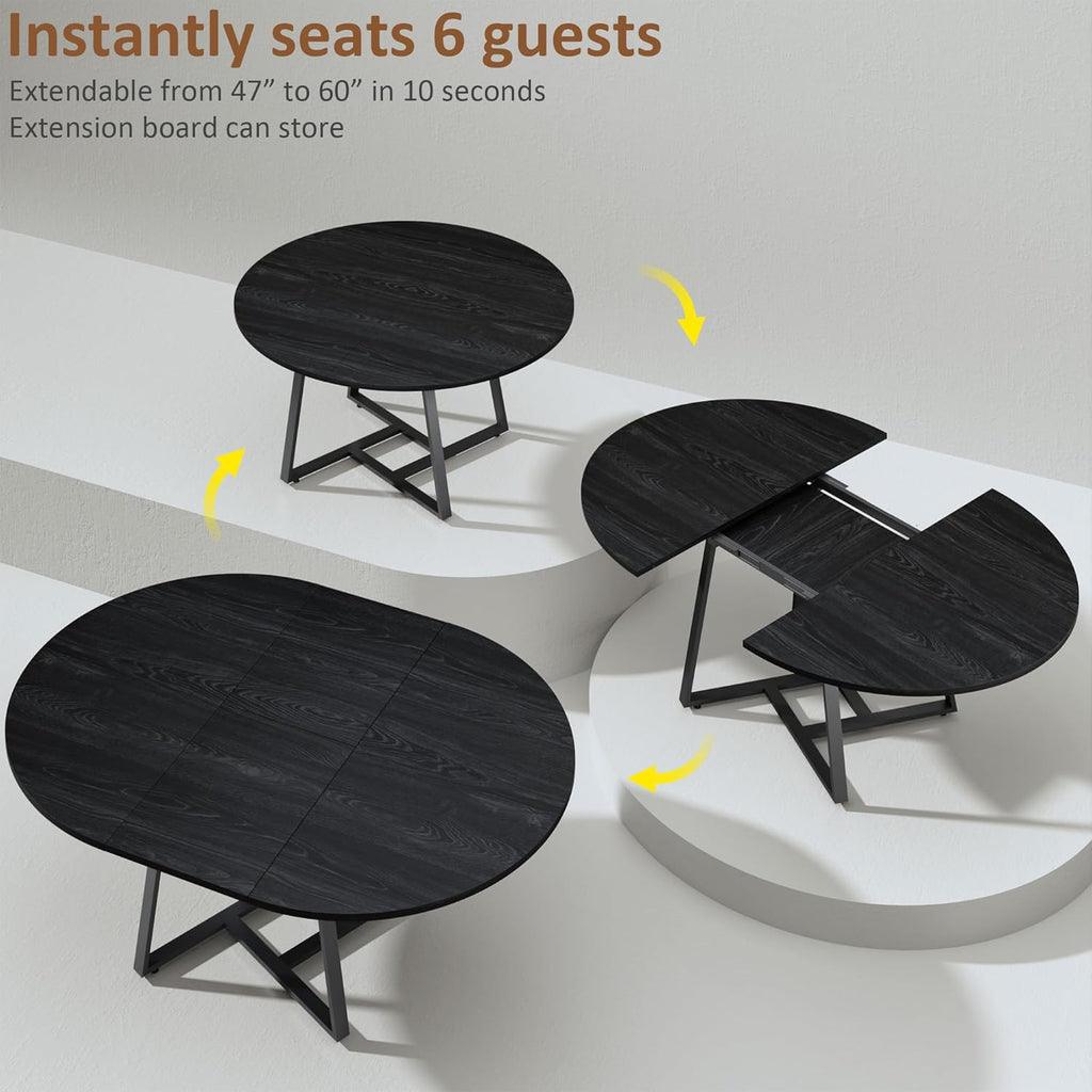 HUAHUU 60" Dining Table Set for 4-8, 5-Piece Extendable Round to Oval Kitchen Table Cushion Chairs Set of 4, Metal Frame & MDF Board, Space-Saving for Small Apartment, Black Wood Grain