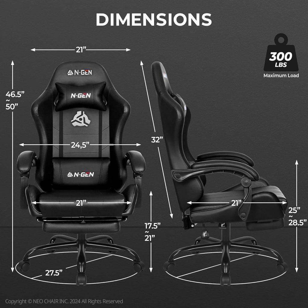 N-GEN GAMING Video Gaming Chair with Footrest Lumbar Support for Home Office High Back Recliner Height Adjustable Ergonomic Comfy Leather Computer Desk Chair (Black)