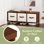 Storage Bench, 43.3" Bamboo Storage Chest with 3 Drawer, Entryway Bench with Cushioned Seat, Shoe Bench with Storage Toy Box, Toy Chest Storage Bench for Entryway, Living Room, Bedroom, Walnut