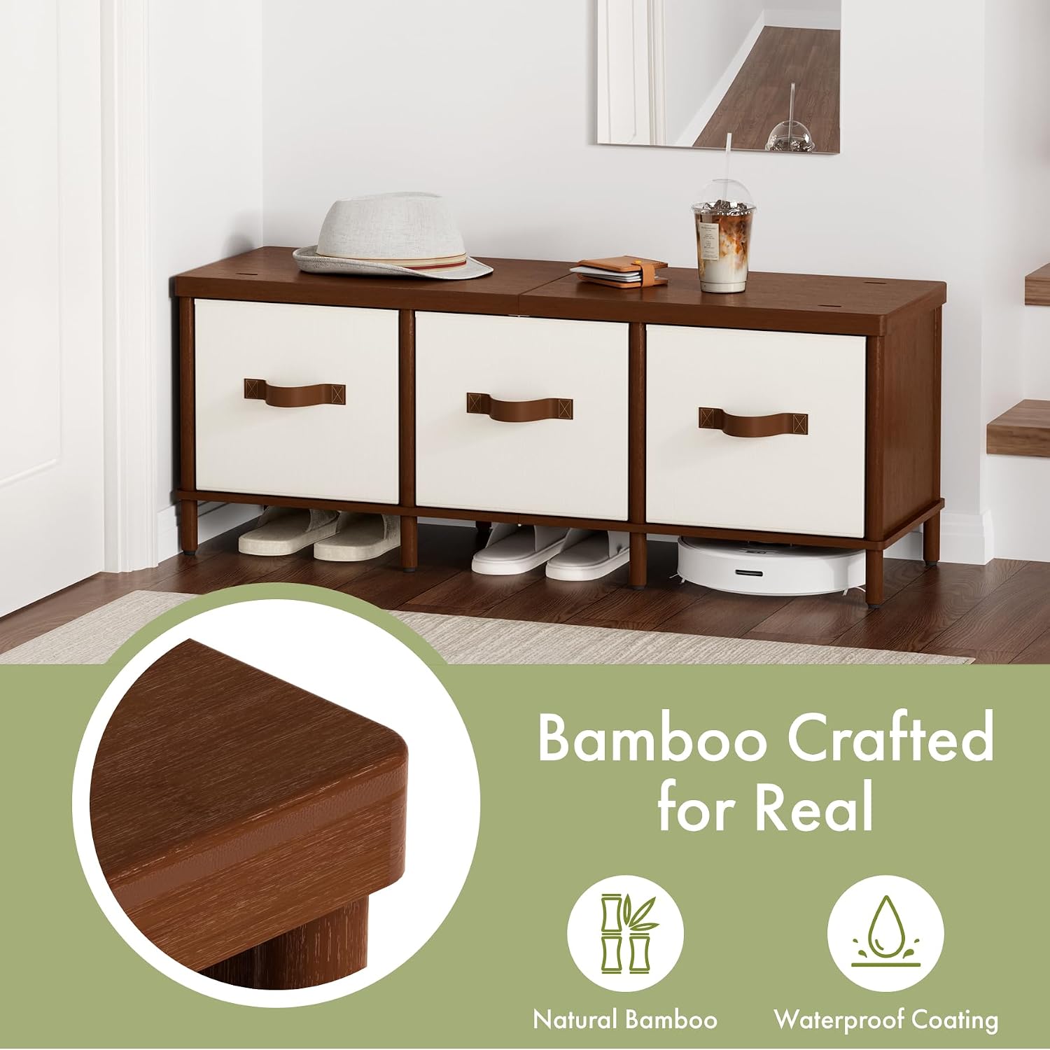 Storage Bench, 43.3" Bamboo Storage Chest with 3 Drawer, Entryway Bench with Cushioned Seat, Shoe Bench with Storage Toy Box, Toy Chest Storage Bench for Entryway, Living Room, Bedroom, Walnut