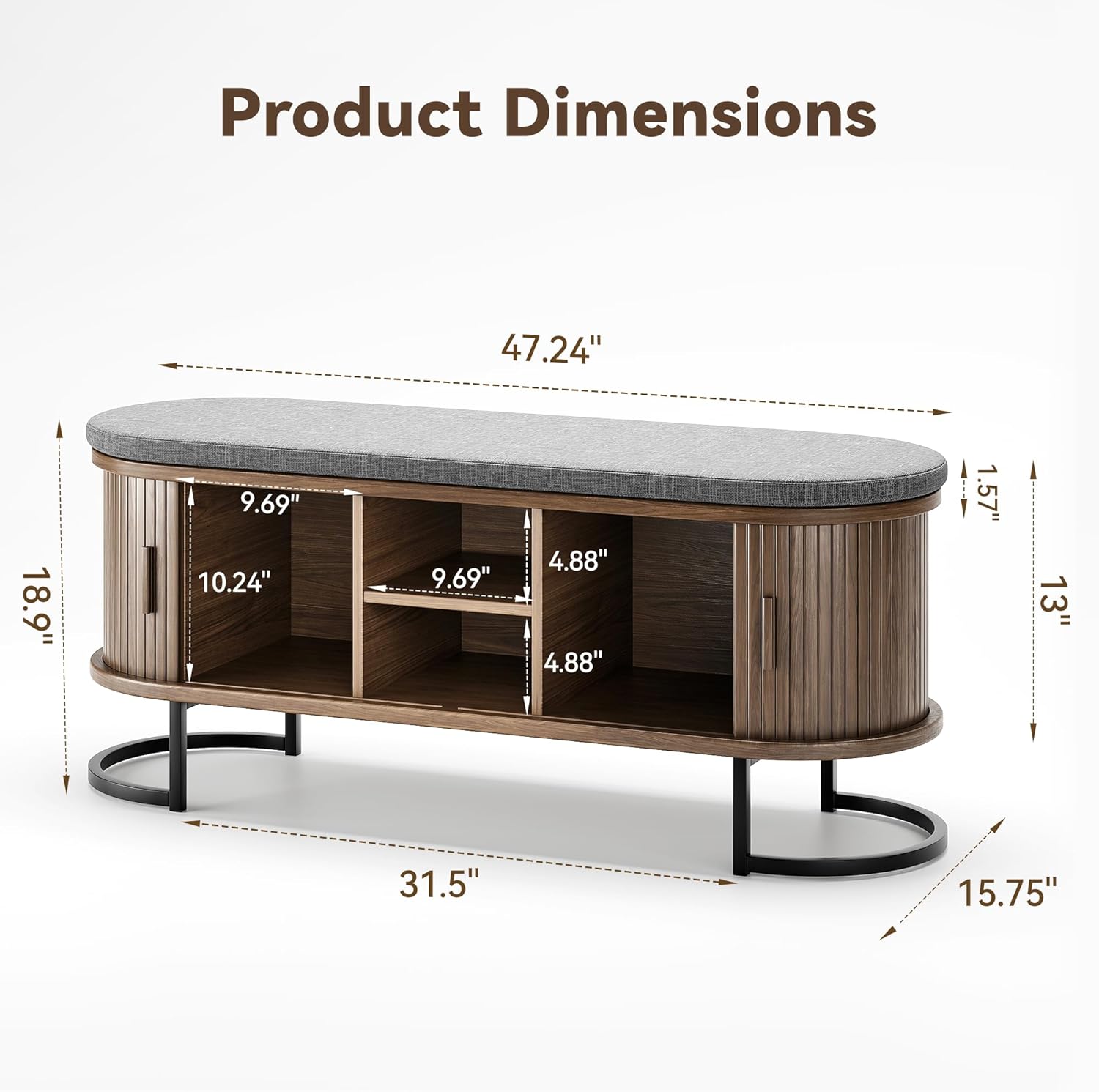 Decofy Storage Bench with Cushion and Sliding Doors, 47.2 Inch Large Entryway Shoe Bench with Sturdy Metal Feet, Multi-Functional for Entrance Hall, Bedroom, Living Room (Walnut)
