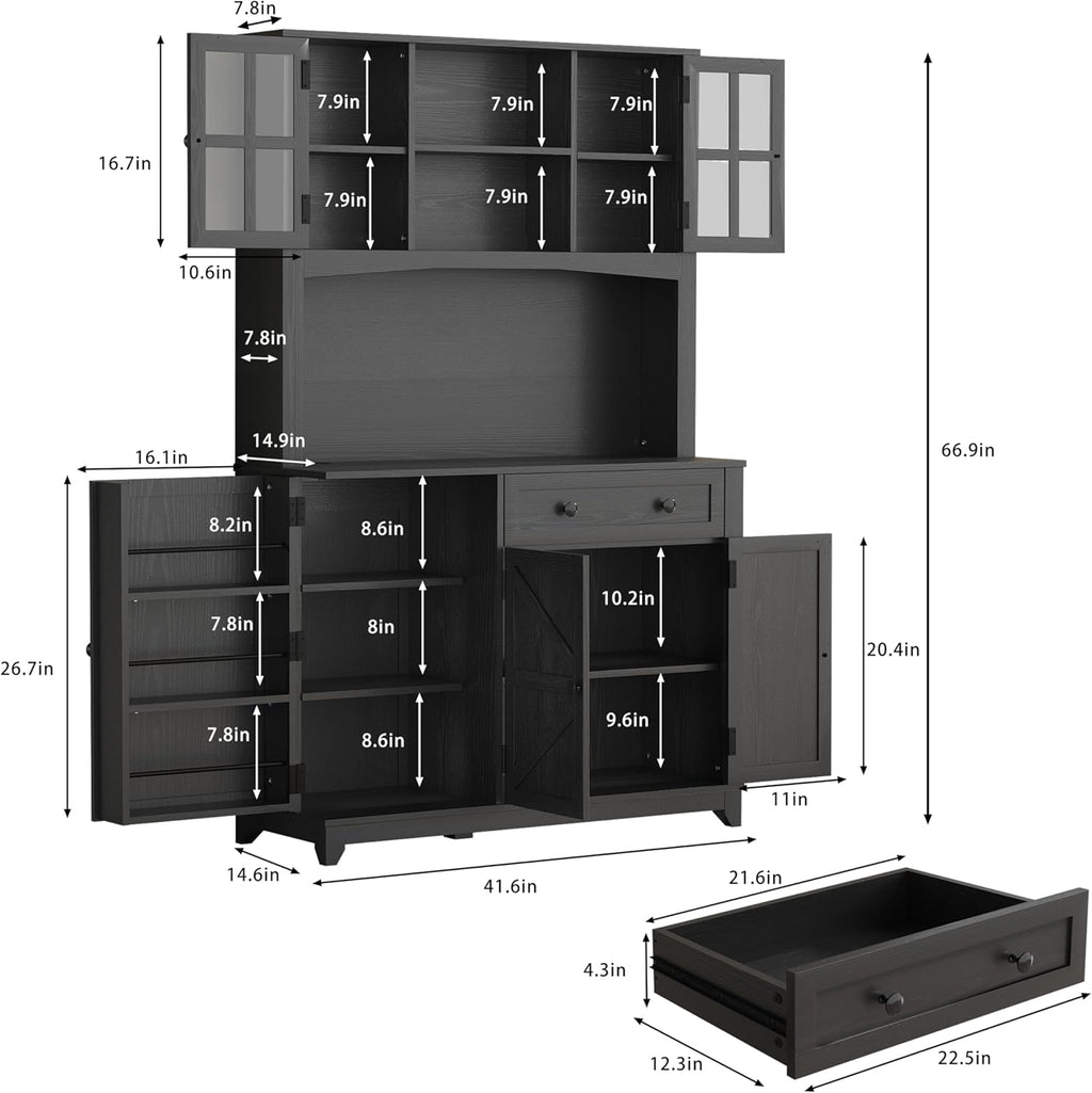 68" Pantry Cabinet with Charging Station, Kitchen Pantry Storage Cabinet with Microwave Stand, Kitchen Hutch Cabinet with Storage Drawers, Food Pantry Cabinets with Countertop for Dining Room(Black)