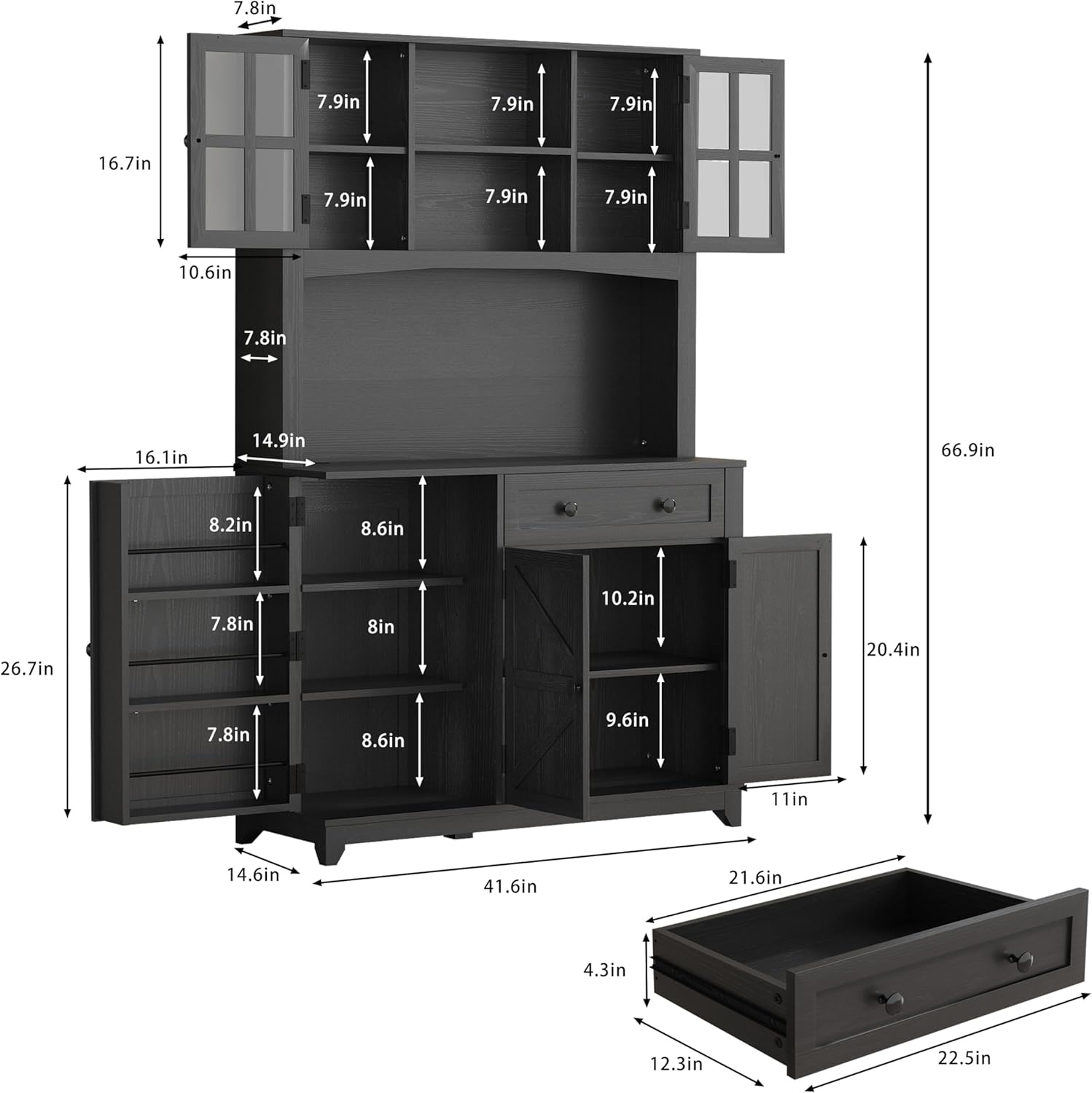 68" Pantry Cabinet with Charging Station, Kitchen Pantry Storage Cabinet with Microwave Stand, Kitchen Hutch Cabinet with Storage Drawers, Food Pantry Cabinets with Countertop for Dining Room(Black)
