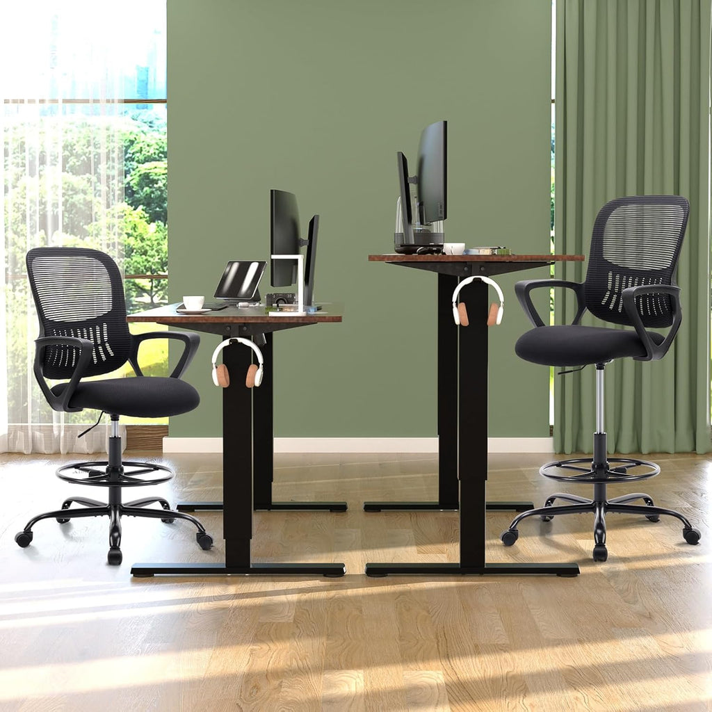 DUMOS Drafting Chair - Counter Height Adjustable Tall Office Desk Chair with Fixed Armrests and Comfortable Lumbar Support for Standing Desk, for Bedroom Livingroom, Black