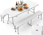 Pureegg Folding Table and Chairs Set - Sturdy 6FT Folding Table with 2 Chairs, No Assembly Required, Portable Camping Table with Carry Handle for Dining, Party, White