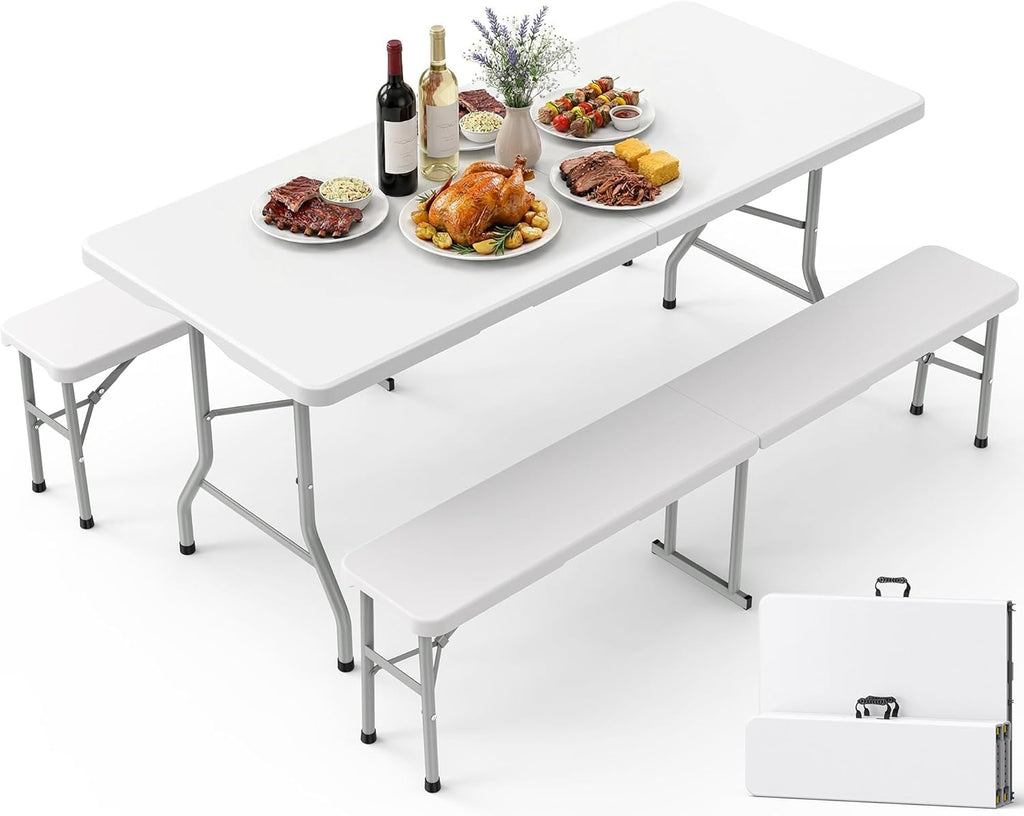 Pureegg Folding Table and Chairs Set - Sturdy 6FT Folding Table with 2 Chairs, No Assembly Required, Portable Camping Table with Carry Handle for Dining, Party, White