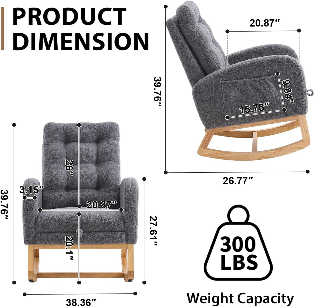 Nursery Rocking Chair with Retractable Footrest,Accent Rocker for Relaxing, Side Pocket,A+ Grade Rubber Wood,Suitable for Living Room,Bedroom and Balcony (Teddy Fleece, Dark Gray)