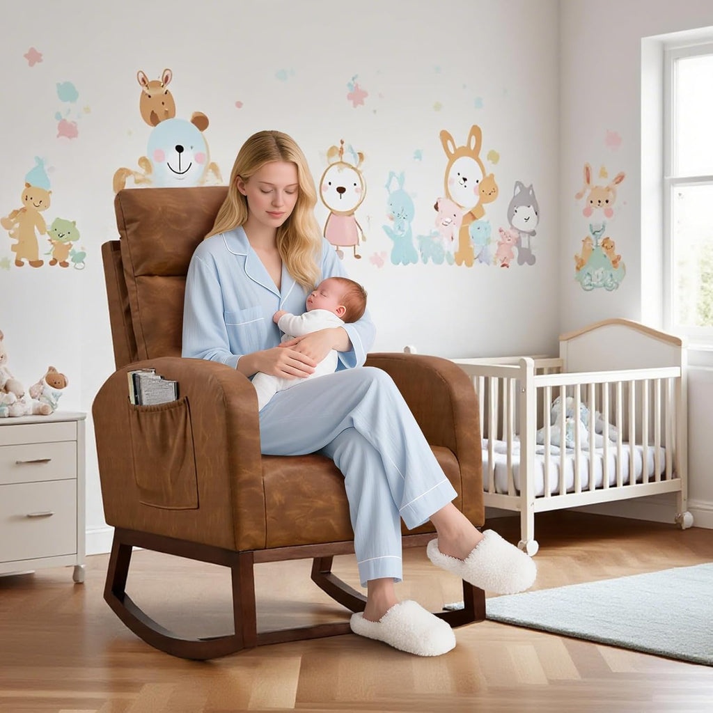 Nursery Rocking Chair with High Backrest and Side Pocket, Glider Accent Armchair with Rubber Wood Legs for Living Room, Bedroom, or Nursery, PU Vintage Brown