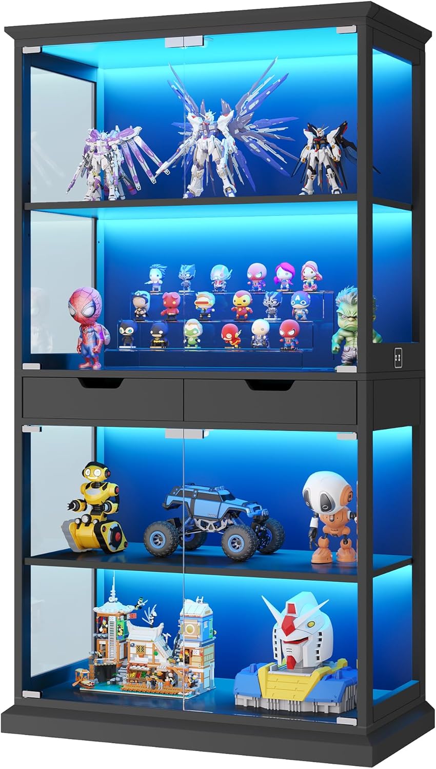 Jocoevol Display Cabinet with Glass Doors, 68'' Tall Curio Cabinet with RGB Lights for Collectibles, 4-Tier Glass Display Case with Human Body Sensor & 2 Drawers for Living/Game Room (Black)
