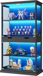Jocoevol Display Cabinet with Glass Doors, 68'' Tall Curio Cabinet with RGB Lights for Collectibles, 4-Tier Glass Display Case with Human Body Sensor & 2 Drawers for Living/Game Room (Black)