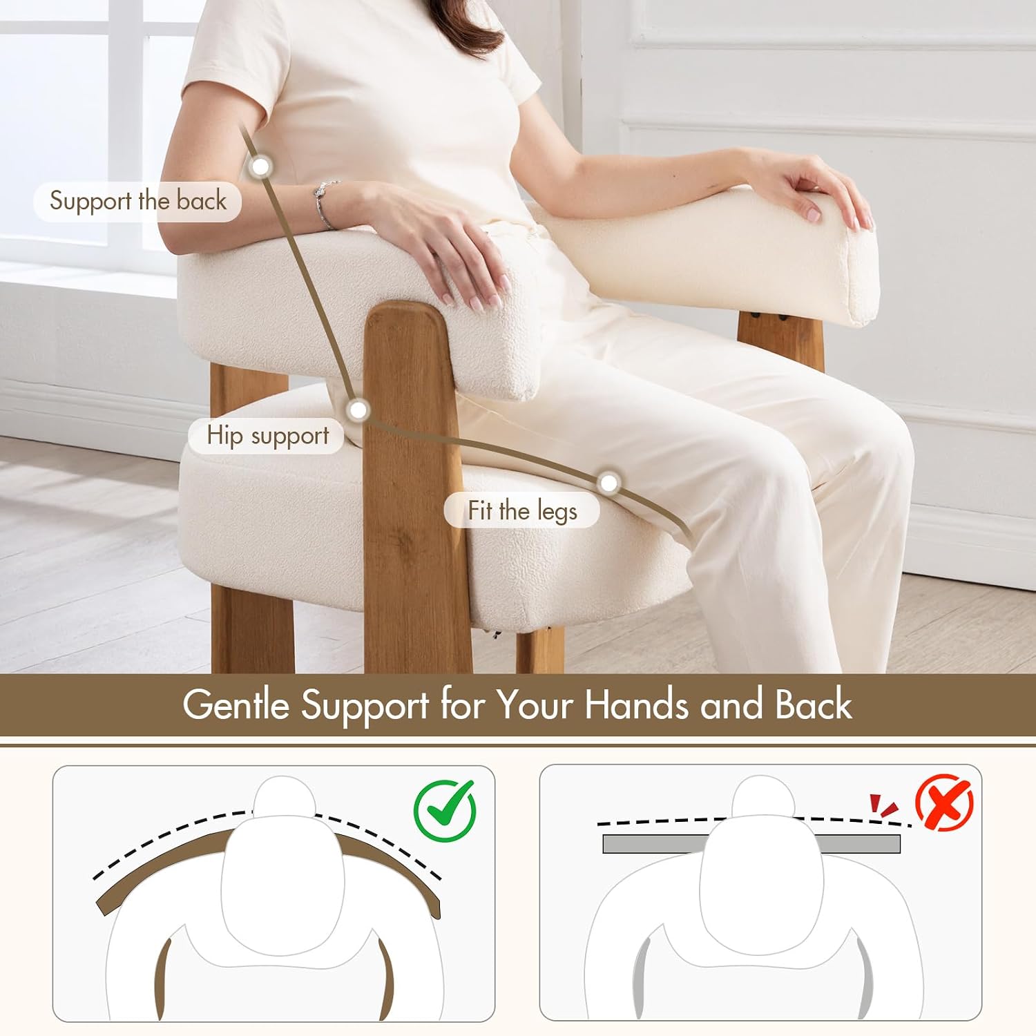 Hyfirm Set of 6 Modern Boho Barrel Dining Chairs with Wood Legs, White Upholstered Accent Armchairs with Thick Padded Cushion for Kitchen, Minimalist Natural Chic Chairs for Living Room