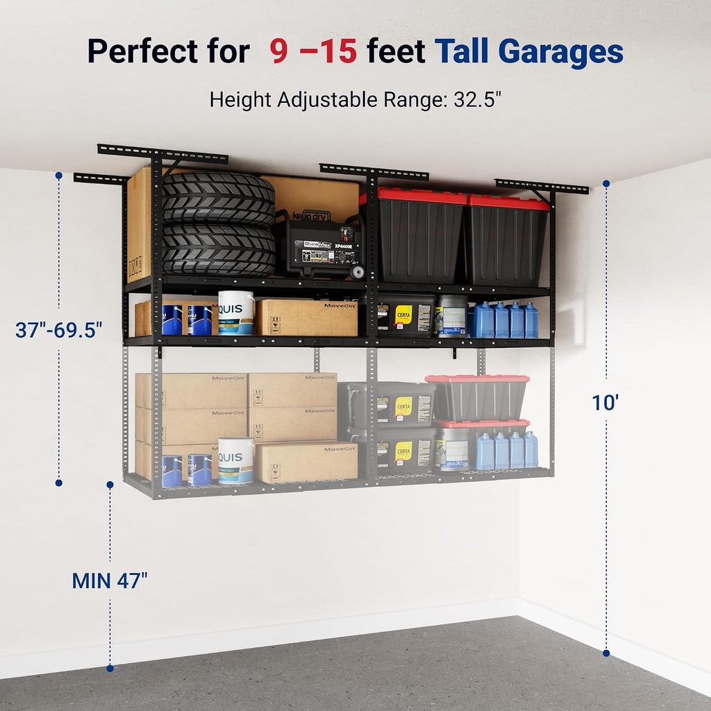 FLEXIMOUNTS 3x8ft 2-Tier Garage Ceiling Storage Rack, Adjustable Overhead Garage Storage System, Heavy Duty Metal Shelving, 1000 lbs Capacity, Ideal for 9–15ft High Ceilings, Black