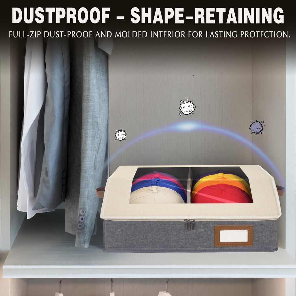 2-in-1 Hat Organizer for Baseball Caps Holds 96-120 Caps Hat Storage with Adjustable Divider Stackable Hats Holder for Closet with Clear lid Cowboy Hat Box for Men Women 4 PCS Beige and Grey