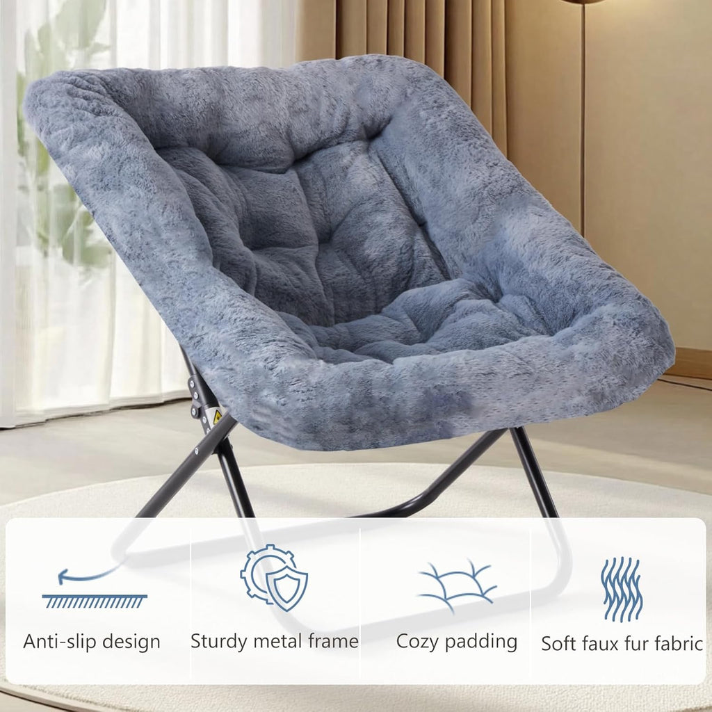 DUMOS Comfy Chair for Adults, Soft Faux Fur Folding Lounge for Bedroom Living Room Dorm Rooms Flexible Reading Chair for Teens, Large Size Foldable, Square-Gray
