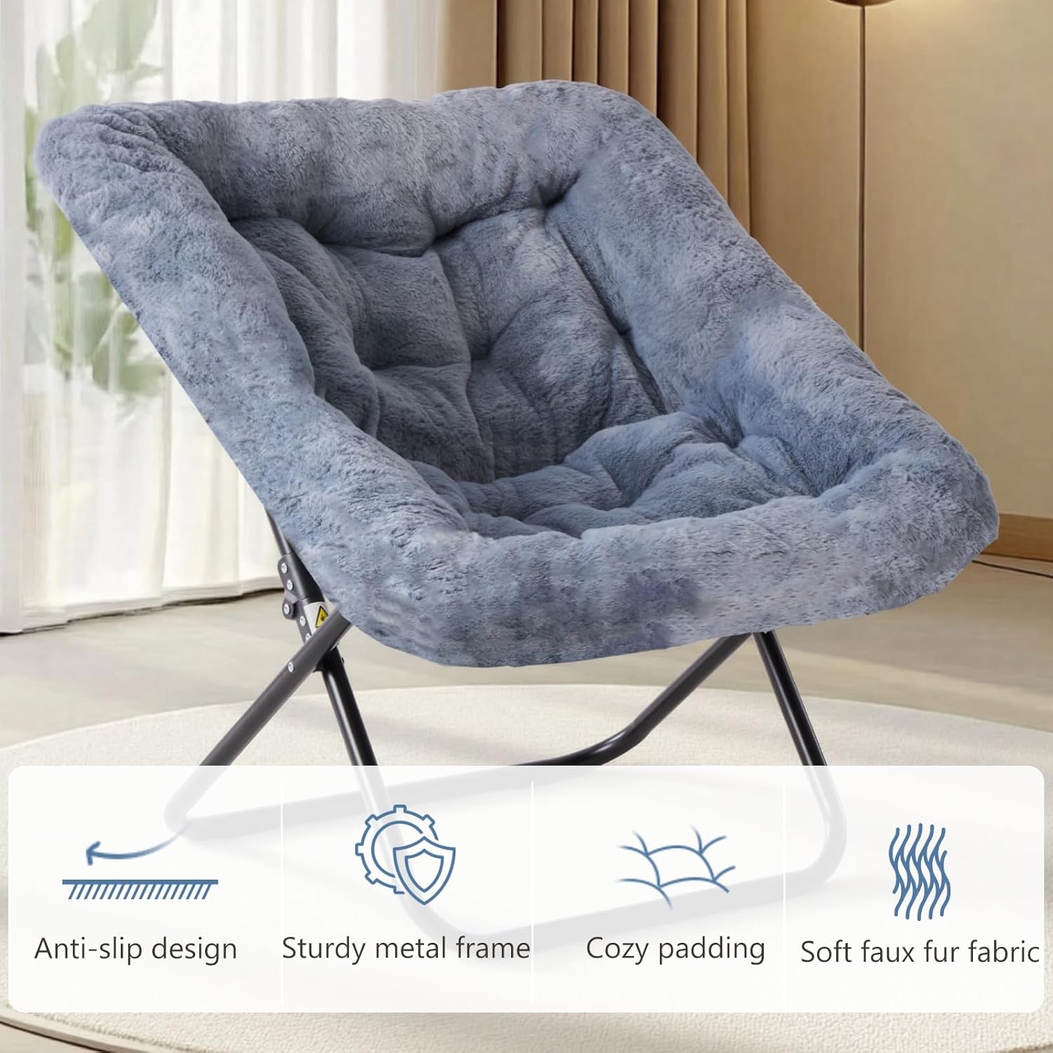 DUMOS Comfy Chair for Adults, Soft Faux Fur Folding Lounge for Bedroom Living Room Dorm Rooms Flexible Reading Chair for Teens, Large Size Foldable, Square-Gray
