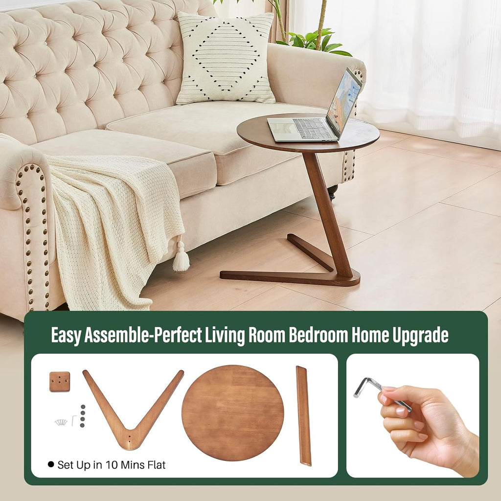 C-Shaped End Table for Couch - Solid Wood C Table for Sofa, Small Round Wooden Handmade Couch Tables That Slide Under Bedside Tray Side Tables for Living Room, Bedroom, Small Space, 19.7"