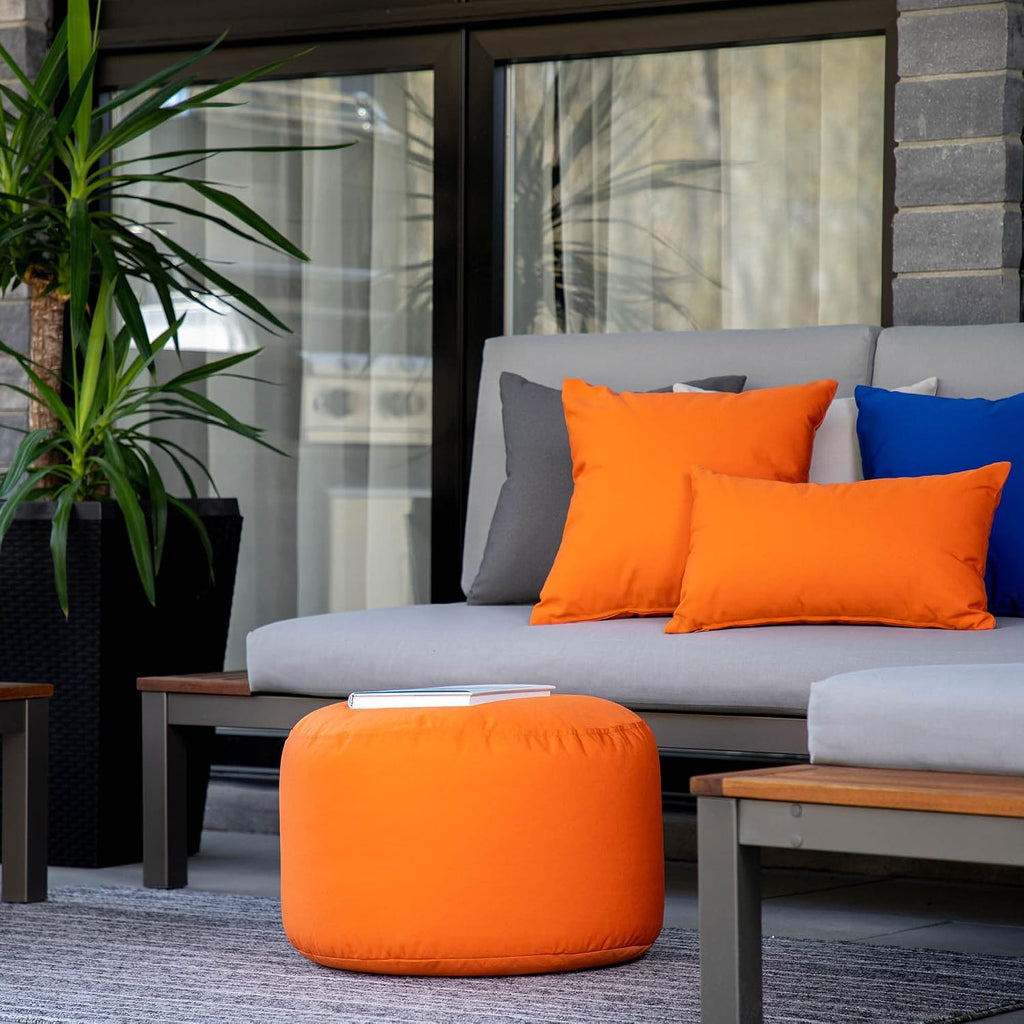 Gouchee Home Dotcom Soleil Bean Bag Round Pouf Ottoman, Orange - Waterproof, Fade-Resistant Ottoman Foot Rest for Outdoor Chair Filled with High-Density Polystyrene Beads, 20" D x 12" H