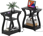 FROMJBEST Black End Table Set of 2 with Charging Station, Side Table with USB Ports and Outlets, Black Nightstand, 3 Tier End Table with Storage Shelf for Living Room, Bedroom