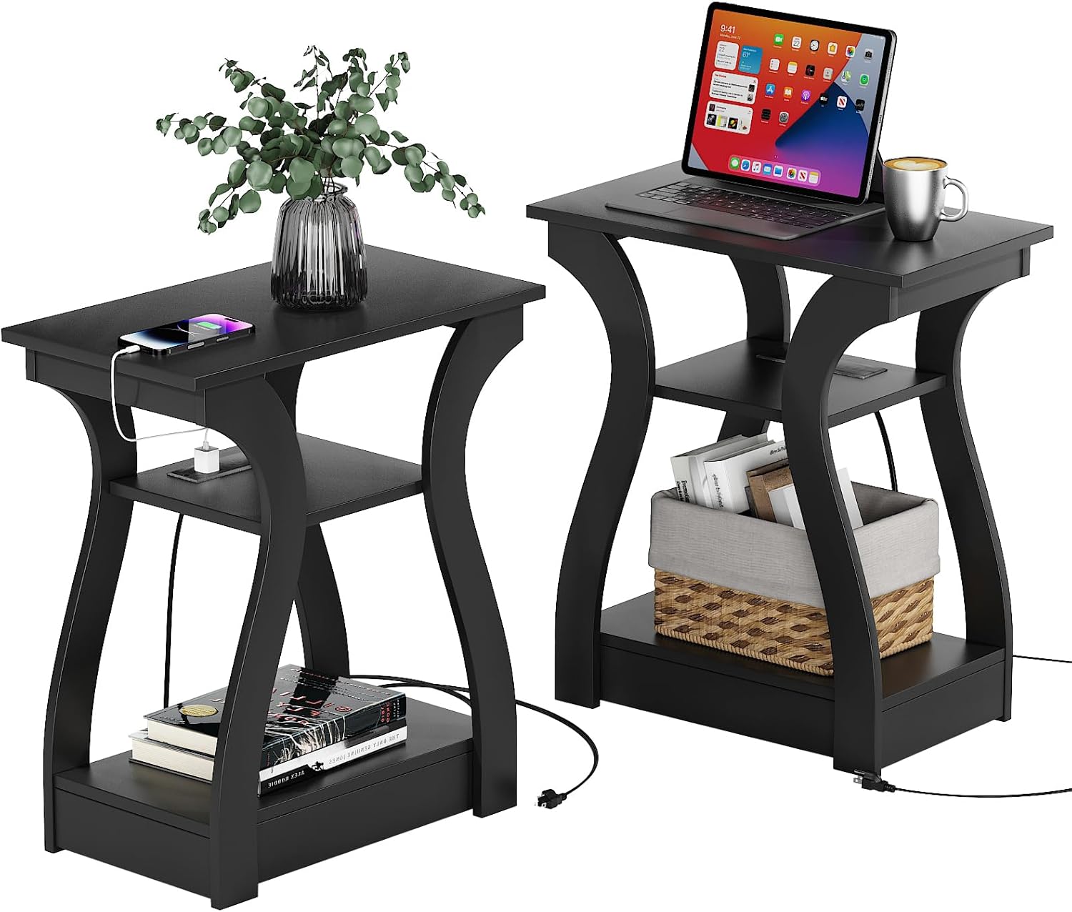 FROMJBEST Black End Table Set of 2 with Charging Station, Side Table with USB Ports and Outlets, Black Nightstand, 3 Tier End Table with Storage Shelf for Living Room, Bedroom