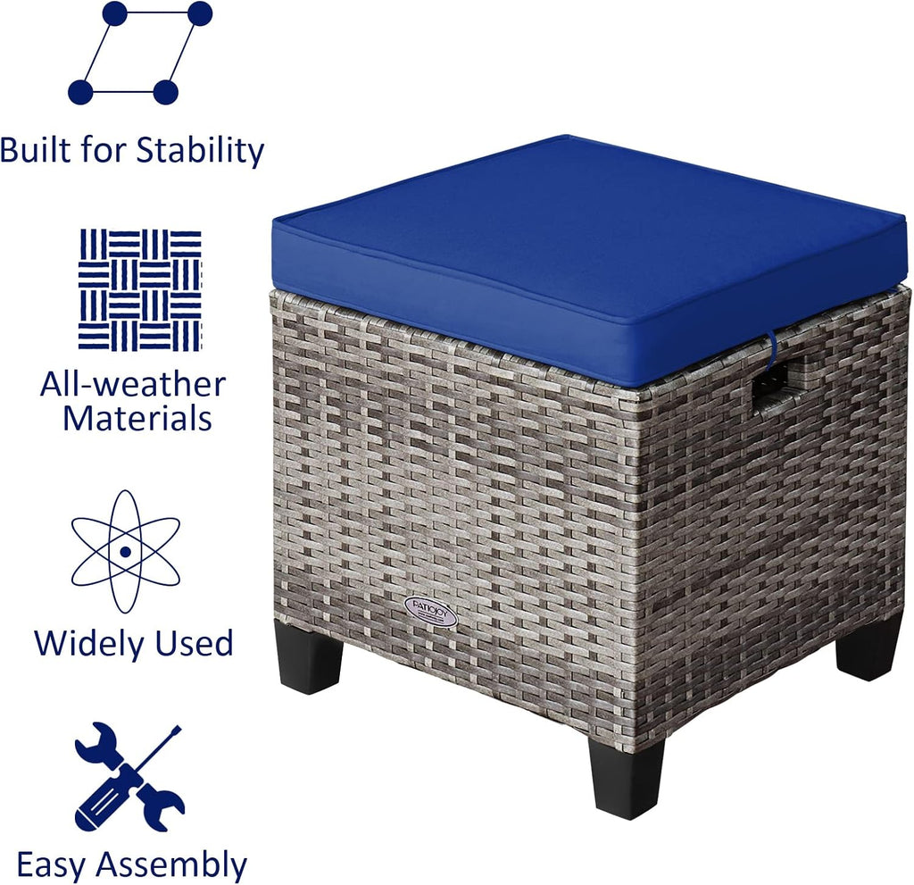 HAPPYGRILL Patio Ottoman Set of 2, Outdoor Rattan Wicker Ottoman Seat with Removable Cushions, Patio Furniture Footstool Footrest Seat (Mix Grey & Navy)