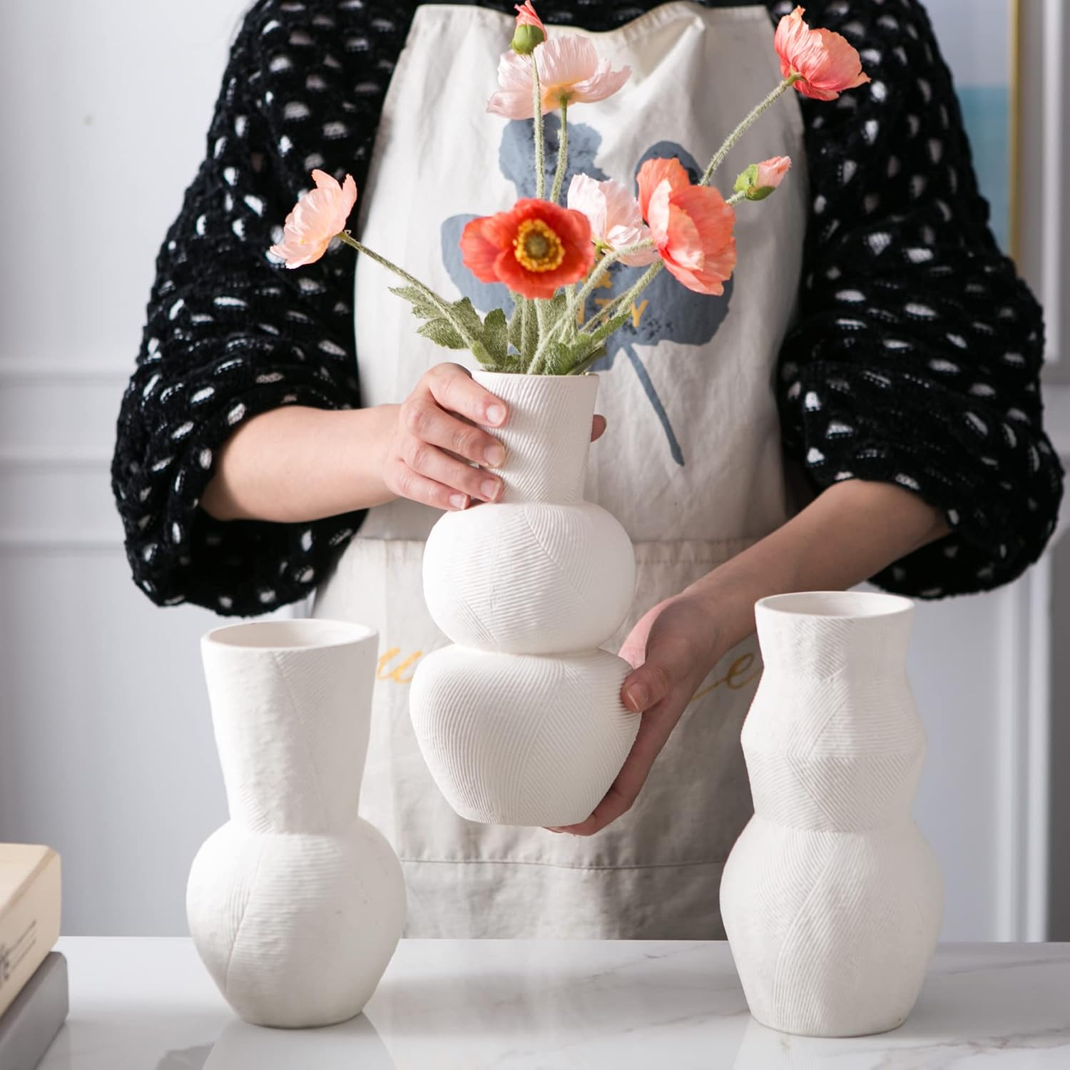 Ceramic Vases for Flowers, Matte White Ribbed Vase Set of 3, Decorative Vases for Pampas Grass, Modern Farmhouse Home Decor, Pottery for Centerpieces, Boho Vases