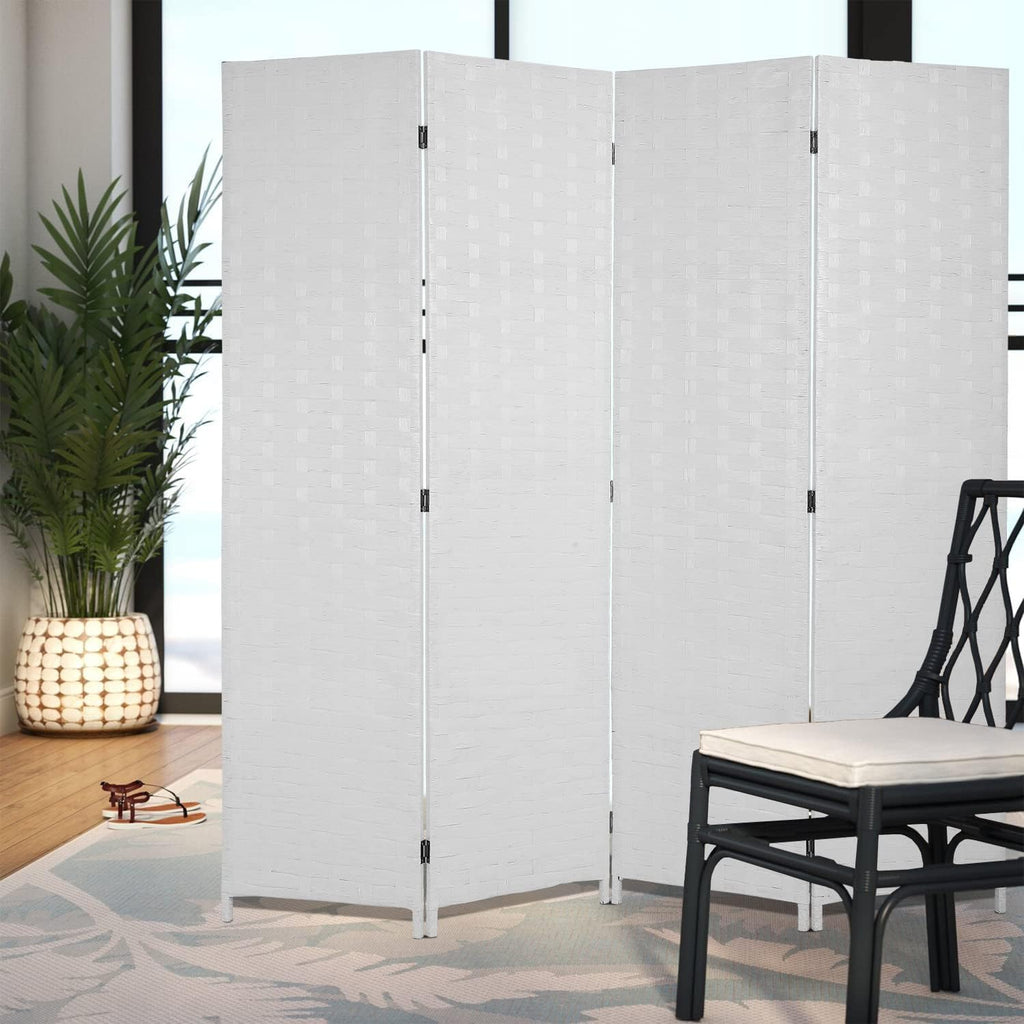 6ft Room Divider, 4 Panel Folding Privacy Screen with Hand-Woven Opaque Design, Extra Stable Wood Partition Wall, Freestanding Portable Separator for Home Office (White, 4 Panels)