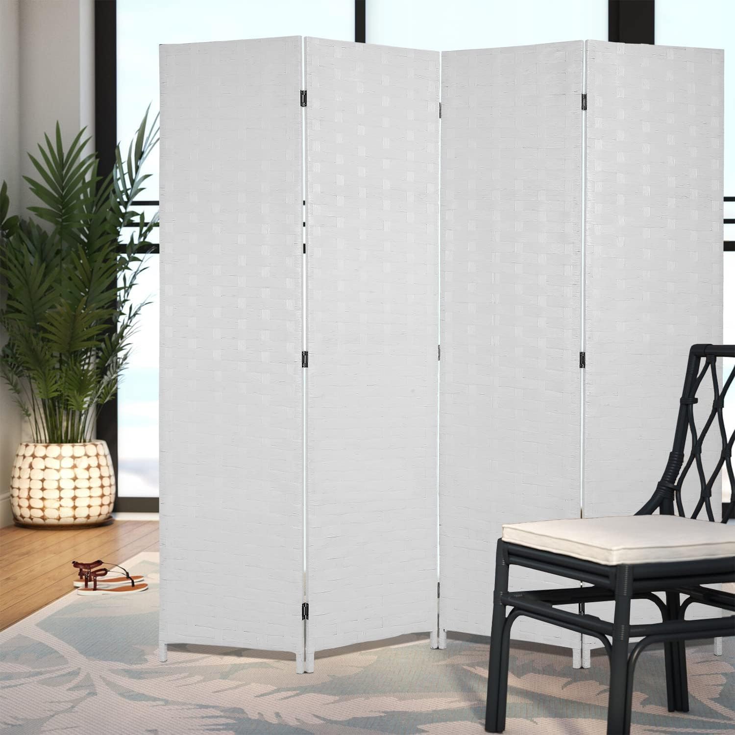 6ft Room Divider, 4 Panel Folding Privacy Screen with Hand-Woven Opaque Design, Extra Stable Wood Partition Wall, Freestanding Portable Separator for Home Office (White, 4 Panels)