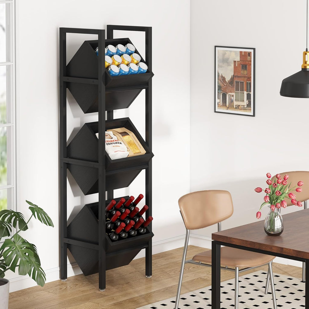 Tribesigns Wine Rack Freestanding Floor, 3 Tier Wooden Wine Storage Stand, Wobble-Free Wine Holder Display Shelf Liquor Bottle Organizer for Kitchen, Cellar (Black)