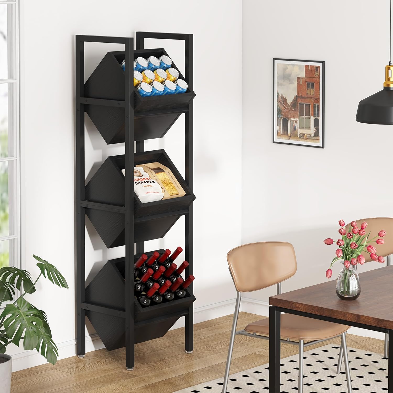 Tribesigns Wine Rack Freestanding Floor, 3 Tier Wooden Wine Storage Stand, Wobble-Free Wine Holder Display Shelf Liquor Bottle Organizer for Kitchen, Cellar (Black)