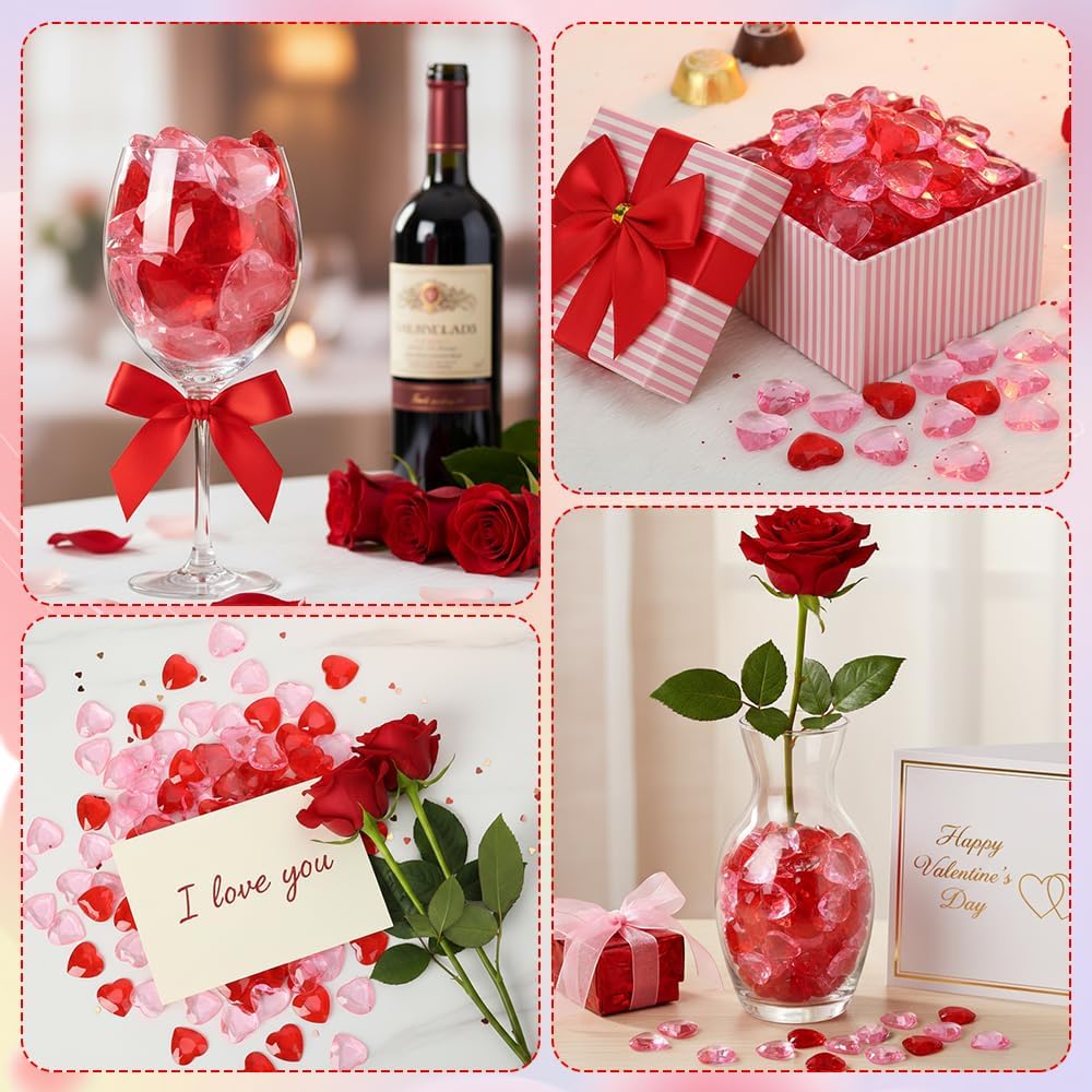 Valentines Day Acrylic Heart 120 Pcs Red and Pink Hearts Shaped Gems Crystals for Table Decoration, Valentine Hearts Vase Filler for DIY Crafts, Valentine's Day Wedding Table Scatter Decoration