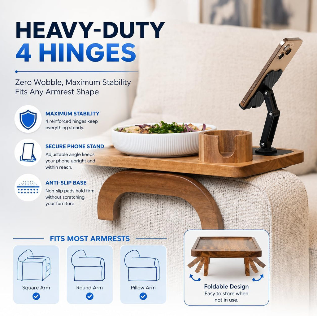 Couch Armrest Table with Cup Holder (15.31" x 9.65") - Acacia Sofa Arm Tray Organizer with Magnetic & 360° Rotating Phone Holder - Fits Couch Arm for Drinks, Snacks & Remote Control