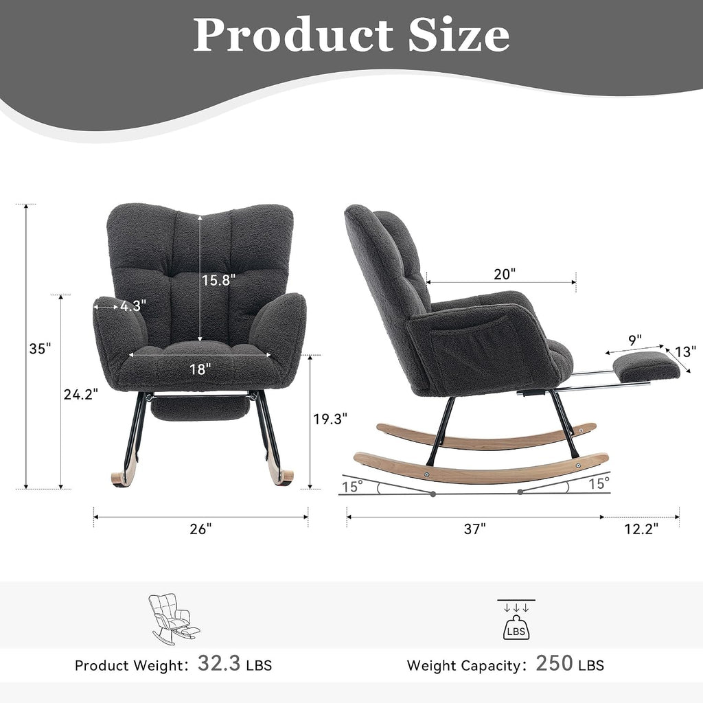 Modern Teddy Fabric Leisure Rocking Chair with Adjustable Footstool, High Backrest, Storage Pocket On The Right Side, Nursery Rocking Chair for Living Room, Bedroom, Nursing Room, Gray
