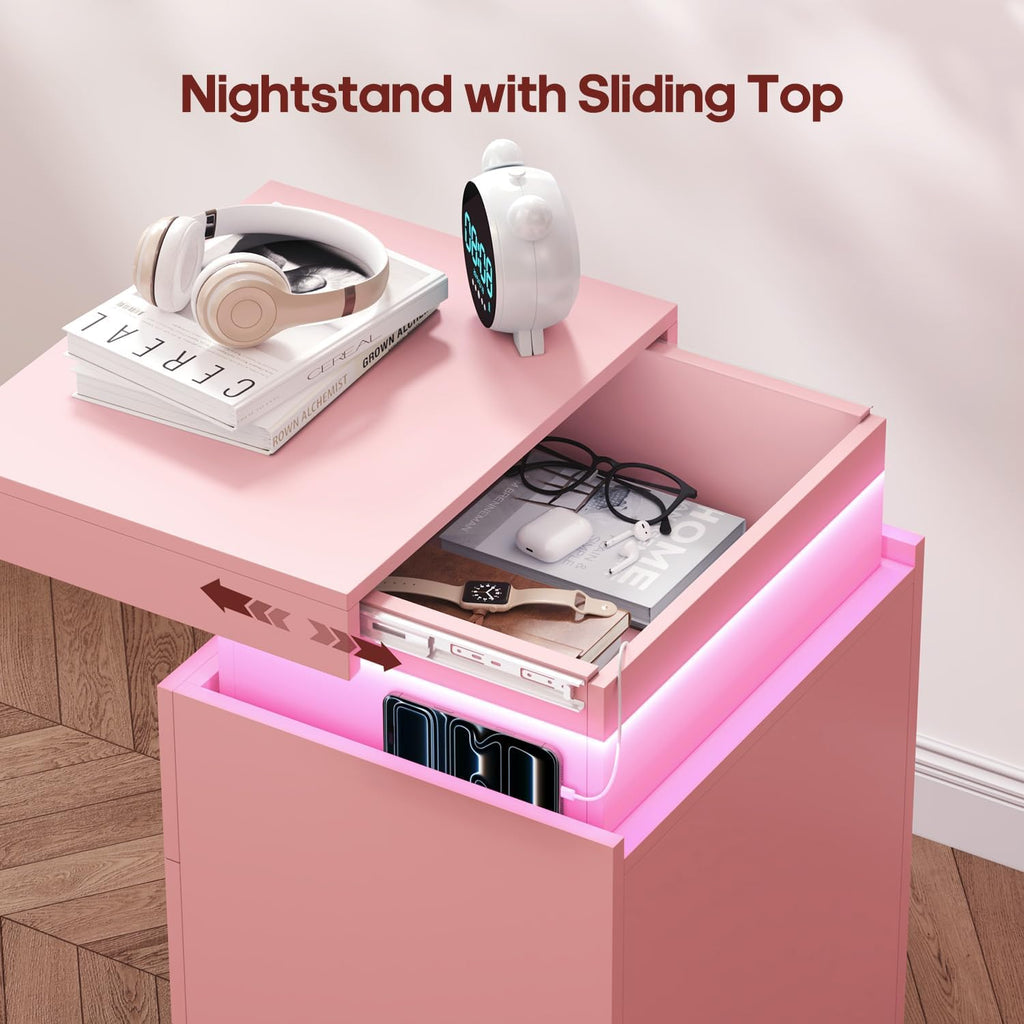 ADORNEVE Pink Nightstand with Charging Station and LED Lights | Night Stand with Sliding Top,Bedside Table with Drawers,Modern End Side Table for Bedroom