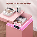 ADORNEVE Pink Nightstand with Charging Station and LED Lights | Night Stand with Sliding Top,Bedside Table with Drawers,Modern End Side Table for Bedroom