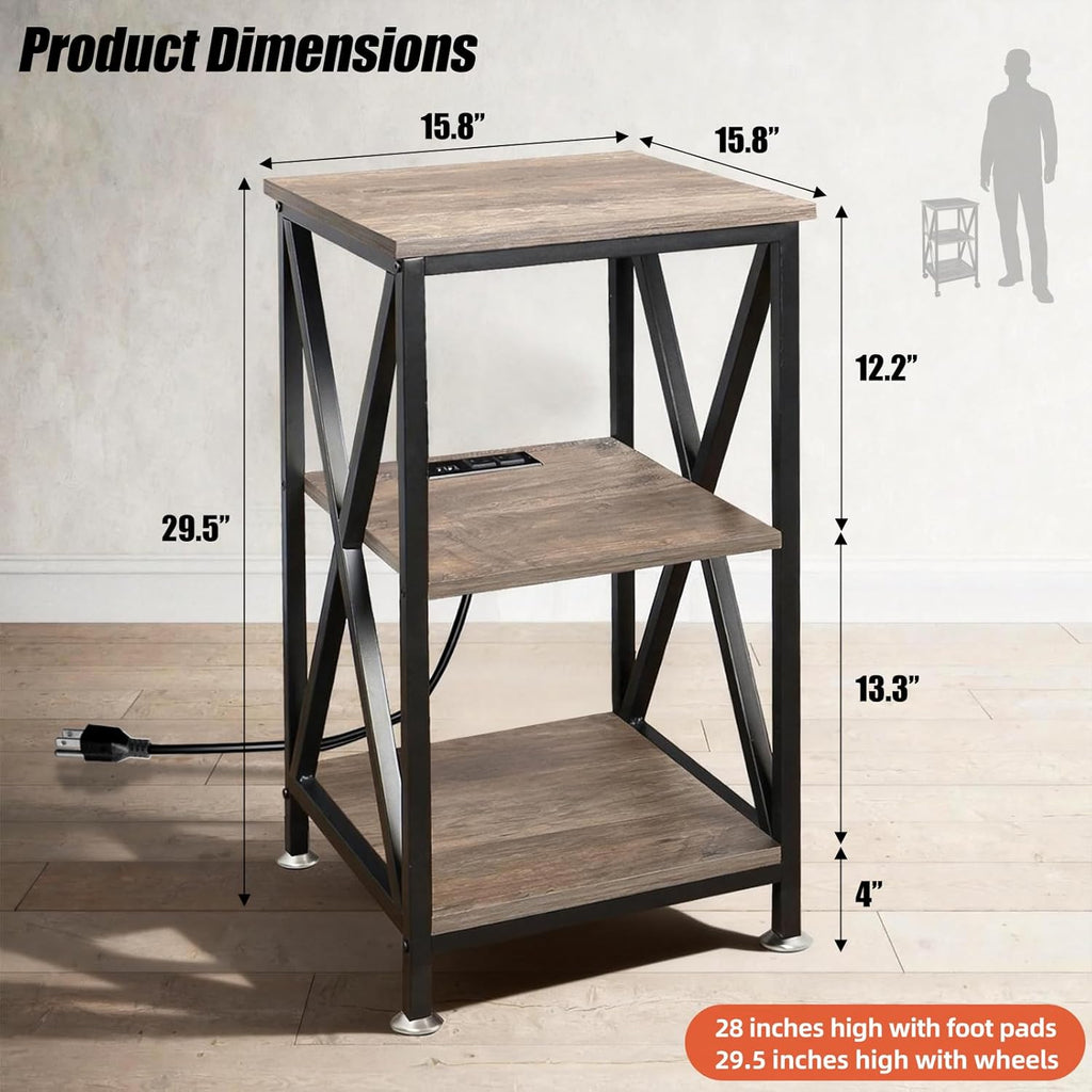 Square End Table with Charging Station, 3-Tier End Table Living Room, 16" D X 16" W X 28" H, Wood and Metal Table with USB Ports and Outlets, Side Table with Wheels for Living Room, Bedroom, Grey