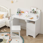 White Kids Desk with Chair, Study Desk for Boys Girls with Hutch, Storage Cabinet, Wooden Children Study Table, Student Writing Desk Computer Workstation for Kids Bedroom & Study Room,White