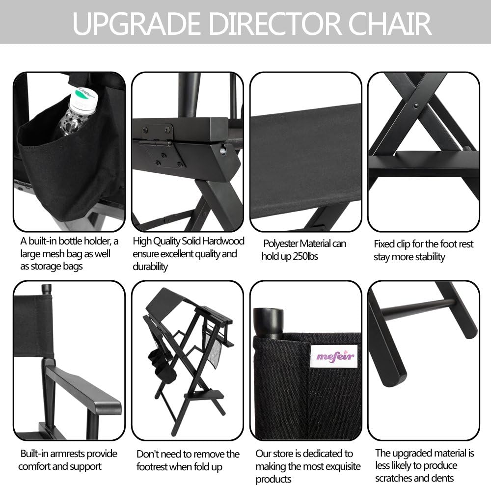 mefeir 31" Height Tall Directors Chairs, Folding Artist Makeup with Replacement Cover, Storage Side Bags, Footrest, Support 250 lbs, Solid Hardwood & Polyester Black Canvas
