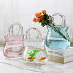 Glass Vase with Elegant Purse Design, Hand Purse vase with Fish Bowl, Unique Flower Vase with Handle and Bubbles - for Home Decor/Office/Garden/Wedding Decor/Enterpiece/Events (Purse Pink A)