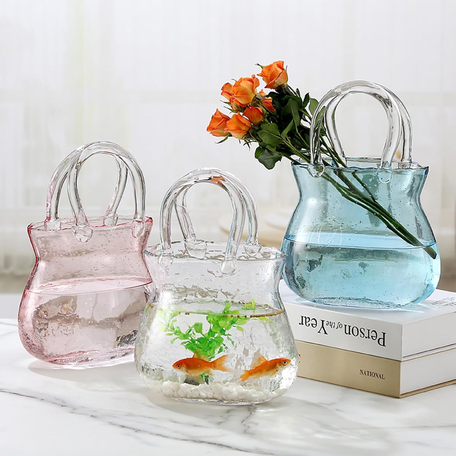 Glass Vase with Elegant Purse Design, Hand Purse vase with Fish Bowl, Unique Flower Vase with Handle and Bubbles - for Home Decor/Office/Garden/Wedding Decor/Enterpiece/Events (Purse Pink A)