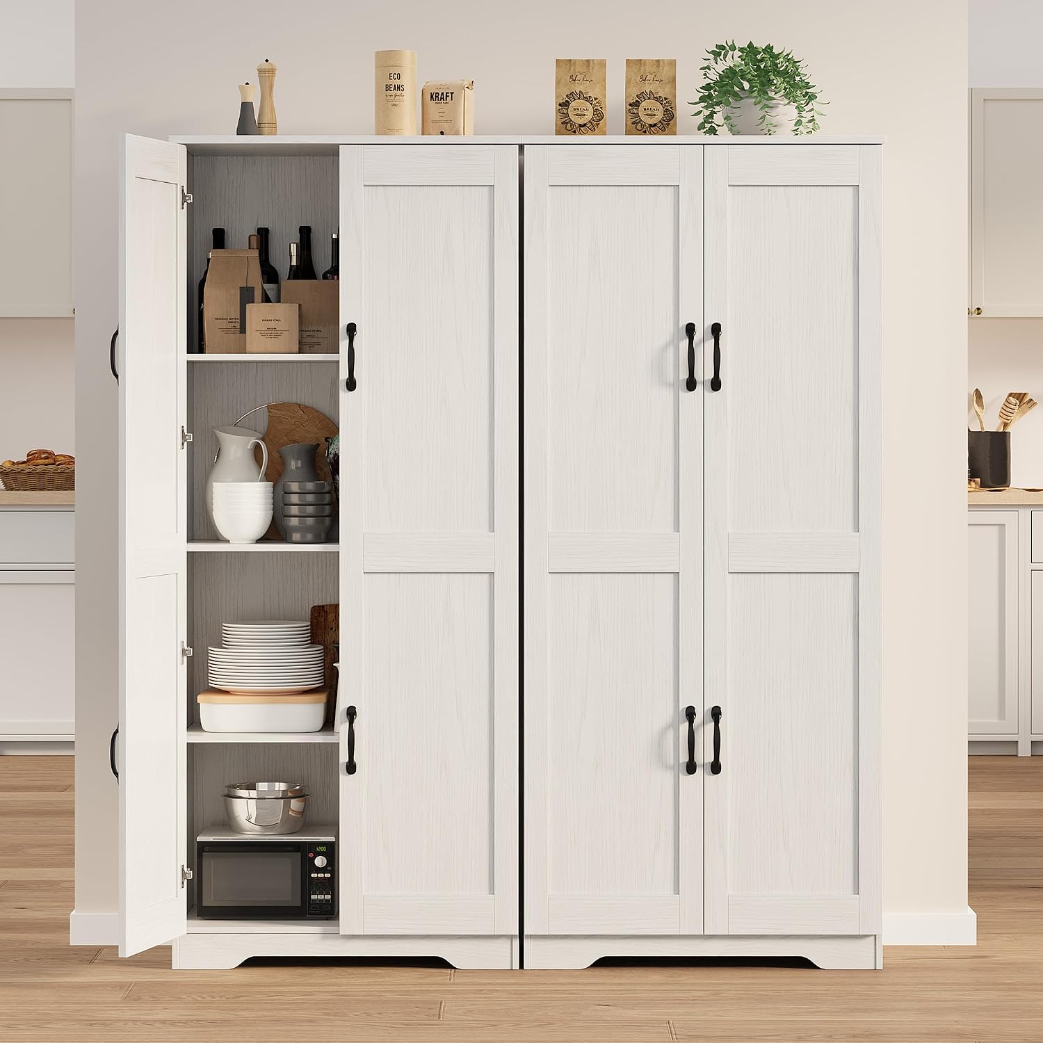 GAOMON Adjustable Shelf Storage Cabinet 60" Tall White, 2-Door Pantry with Shelves for Kitchen Organization, Bathroom Storage, Living Room
