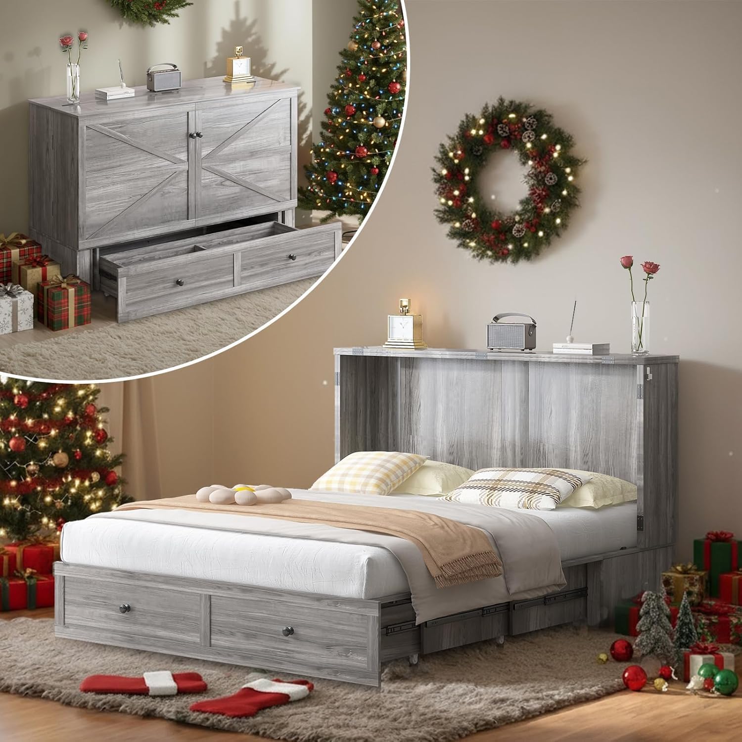 Mjkone Queen Size Murphy Bed with Tri-Folding Mattress, Farmhouse Murphy Cabinet with USB Charging Station, Modern Cabinet Beds with Large Storage Drawers for Living Room Home Office, Gray