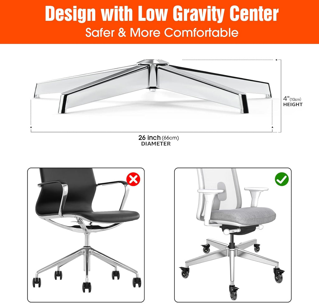 Office Chair Base Replacement (3300 lbs) - Heavy Duty Alloy Office Chair Base Replacement, Reinforced Metal Legs, Universal Cylinder and Caster Sockets(Silver)