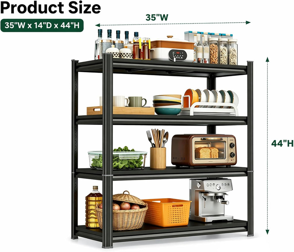 Kitchen Pantry Storage Shelves, 5-Tier Heavy Duty Metal Shelving Unit, Black Adjustable Deep Shelf Organizer for Pots, Pans, Food, and Pantry Items (4-35" W X 14" D X 44" H)