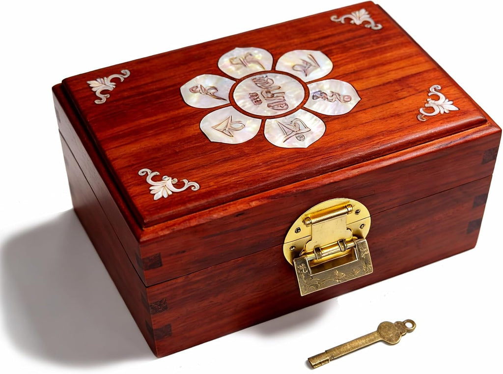 Handcrafted Tibetan Rosewood Box with Lock – Vintage Buddhist Jewelry & Keepsake Organizer, Floral Carved Wooden Altar Box for Mala Beads, Incense, Tarot, Spiritual Decor