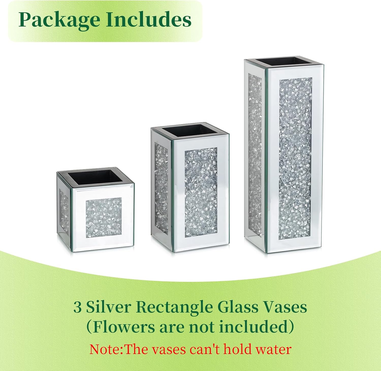 Silver Rectangle Glass Vases for Decor: Hewory Tall Crushed Diamond Mirror Vase for Centerpieces - Large Decorative Mirrored Containers for Dried Flowers, Bling Big Crystal Vases for Home Decoration